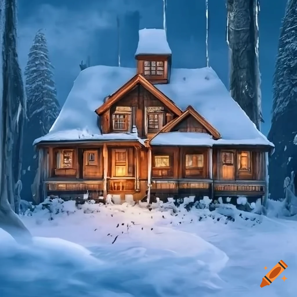 snow-covered wooden mansion surrounded by forest
