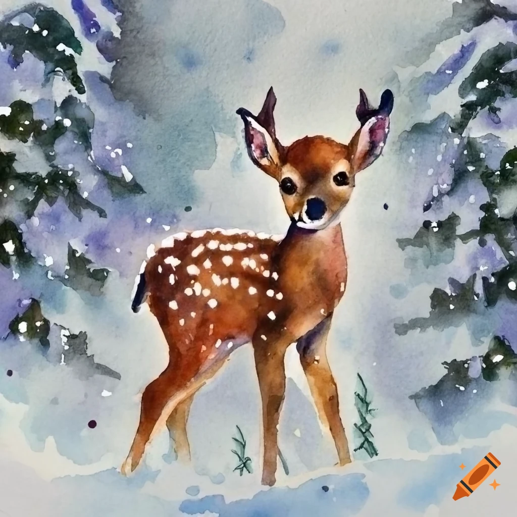 watercolor of a baby deer in a snowy Christmas scene