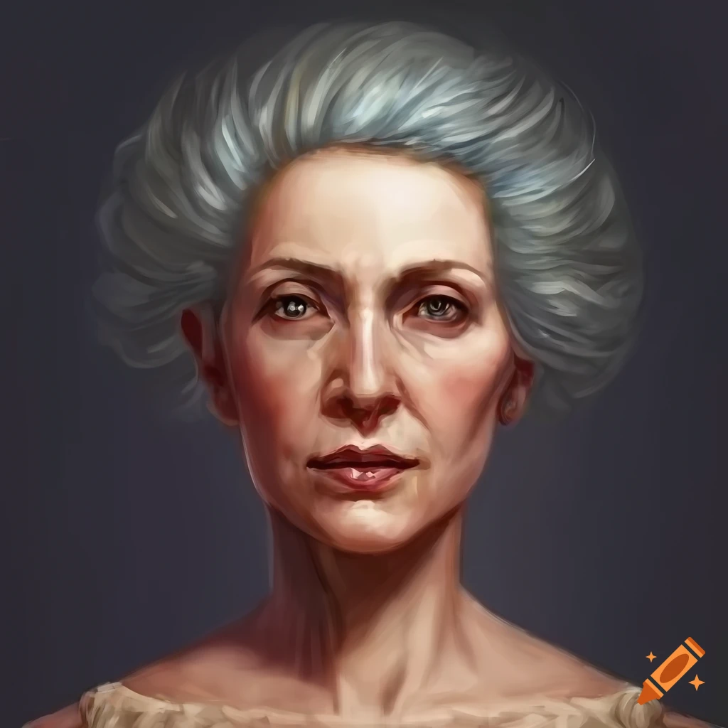 Symmetrical painting of a middle-aged woman in a role-playing game