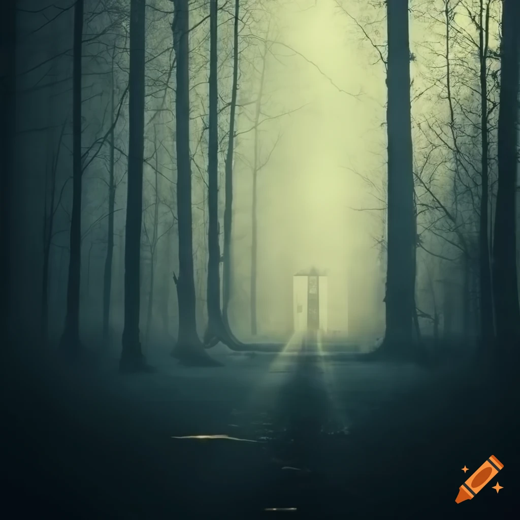 serene train station in a misty birch forest