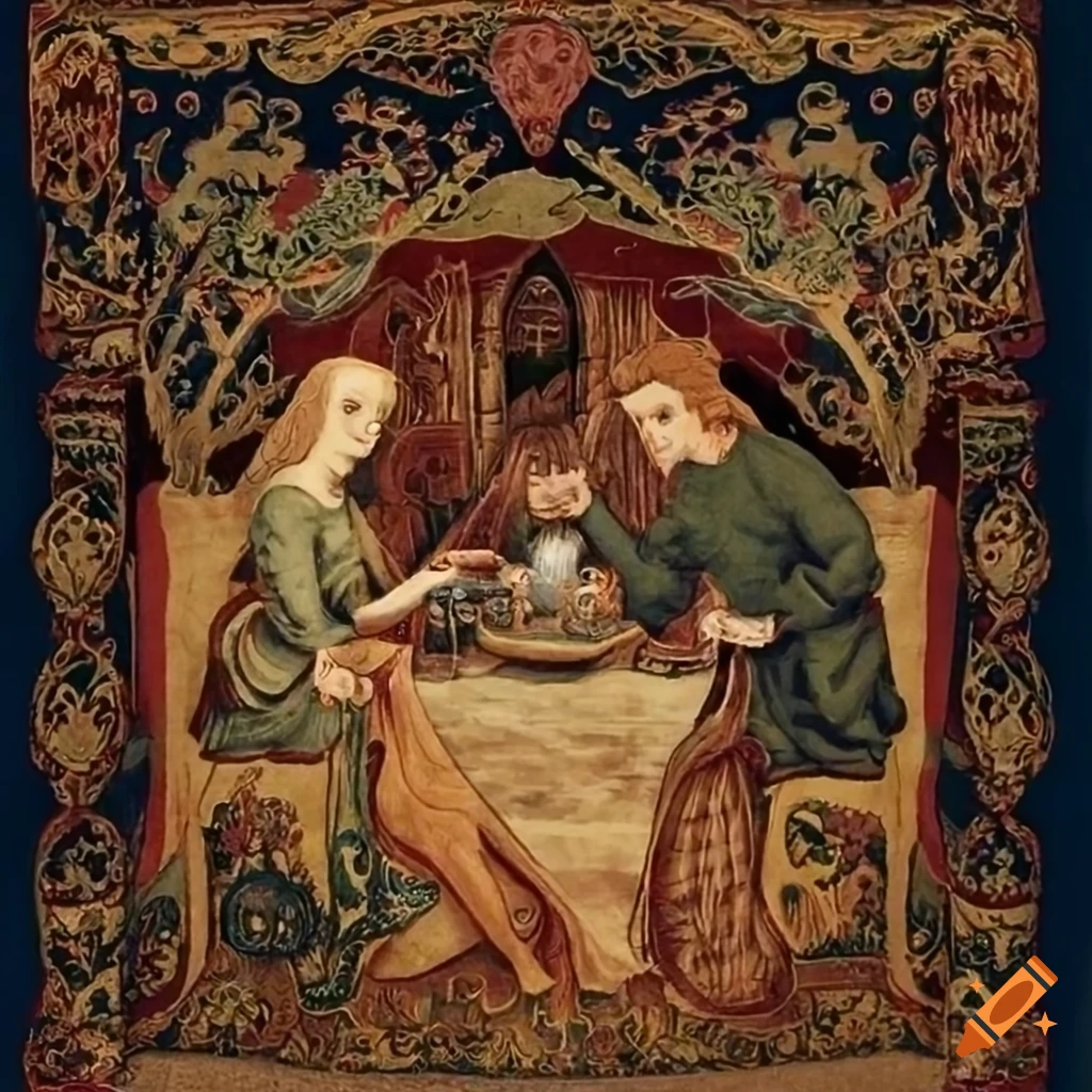 medieval tapestry with a tree surrounded by woodland creatures