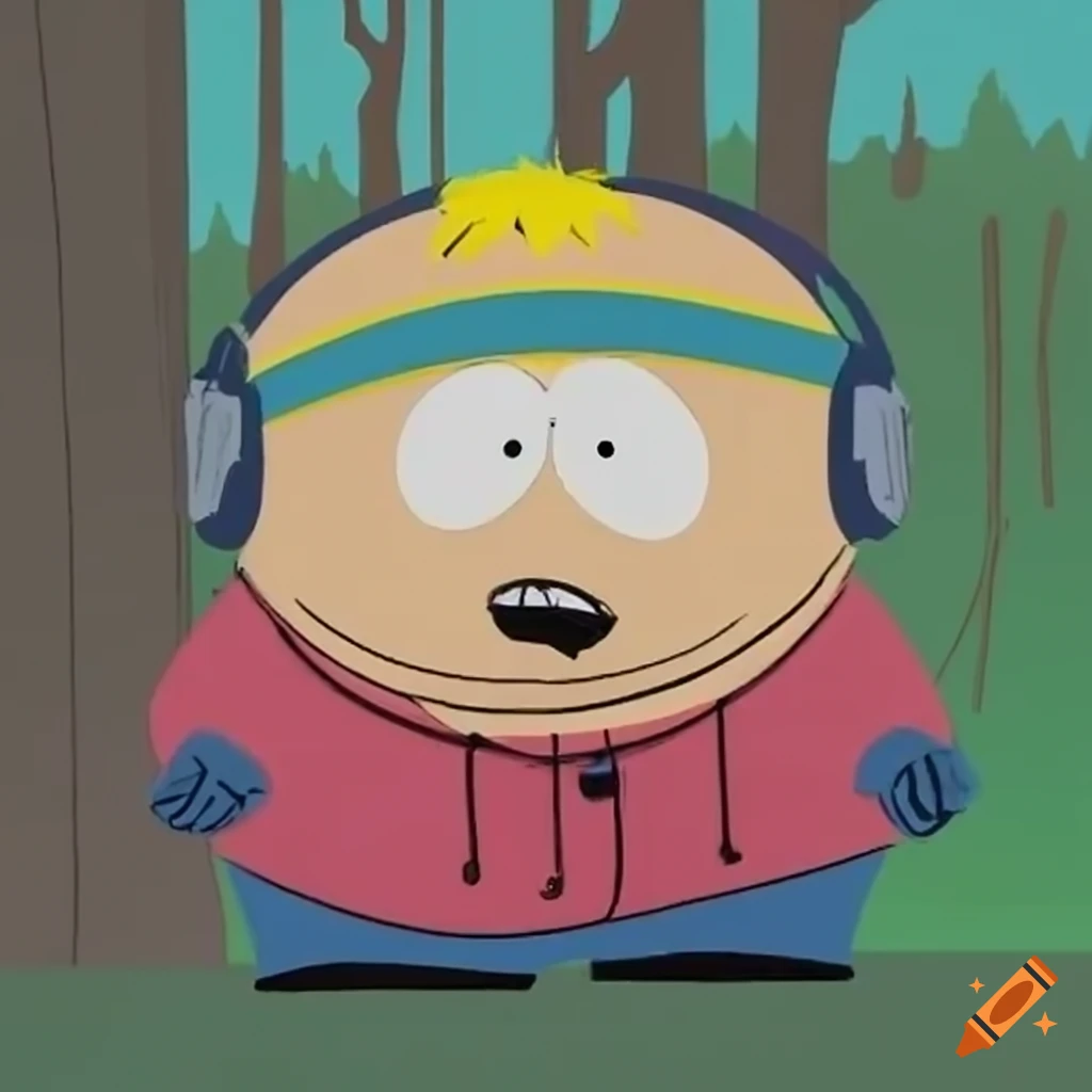 Cartoon of eric cartman in the woods wearing headphones on Craiyon