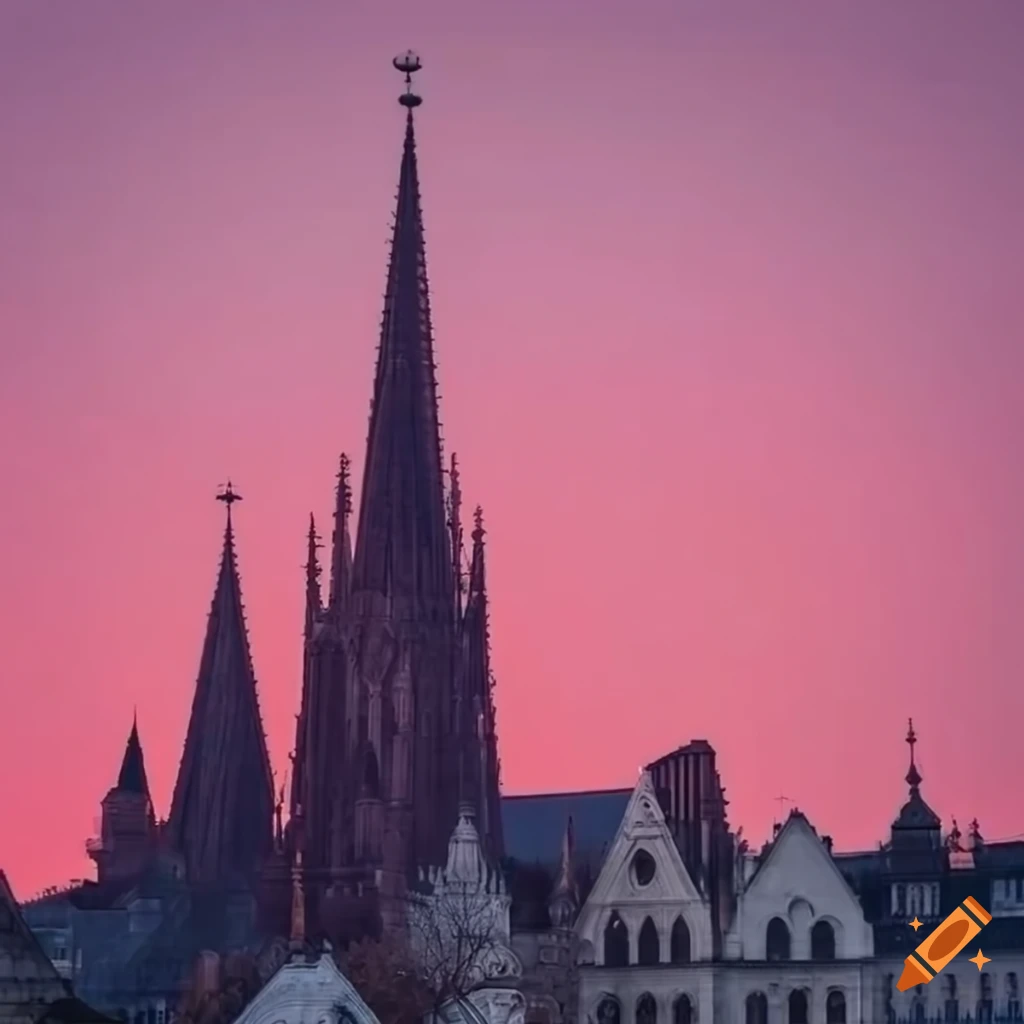 Gothic cathedral against a pink sunset in a city skyline on Craiyon
