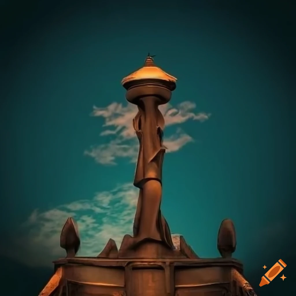 surreal gothic urban park with unusual sculptures and lamps