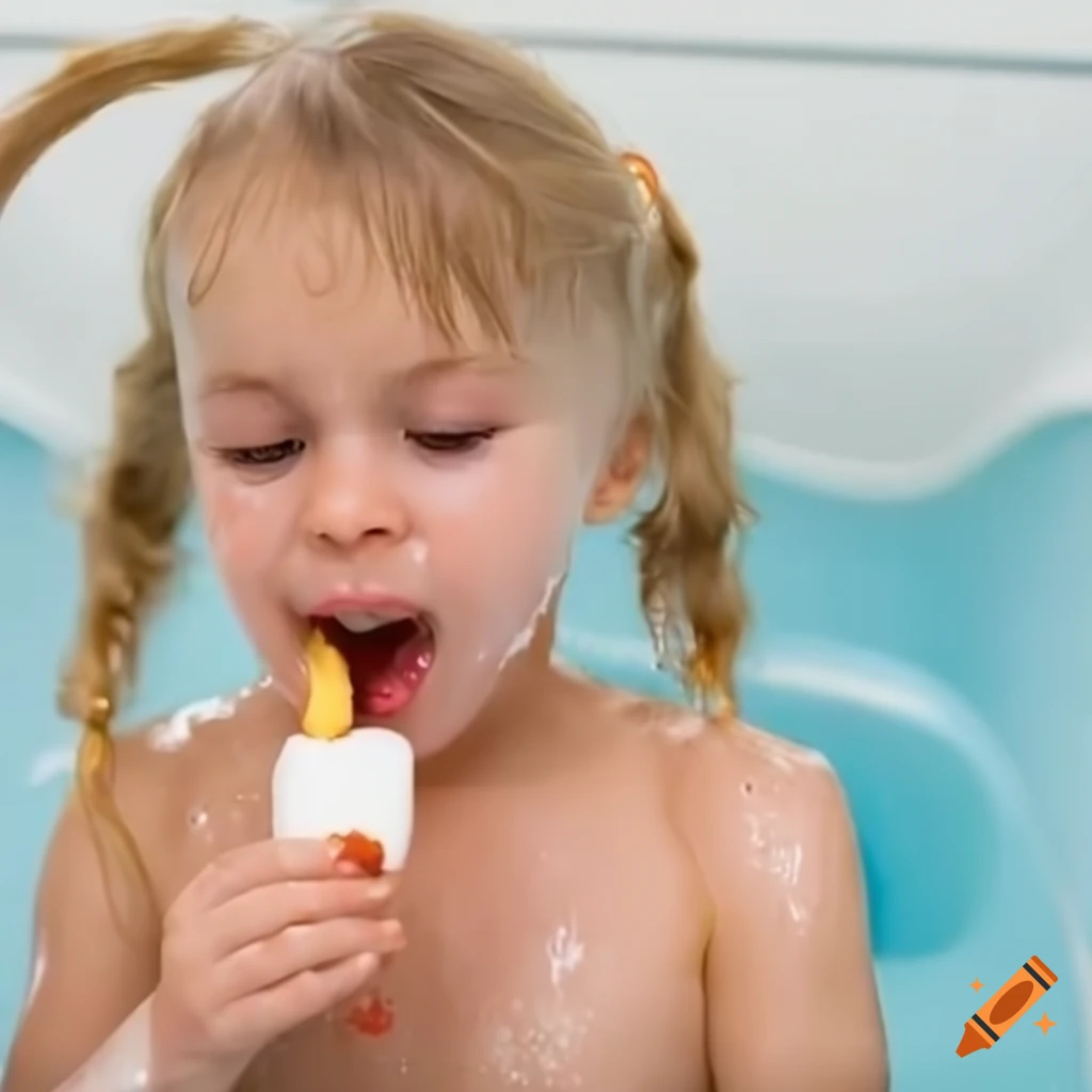 toddler girl in bath enjoying a white popsicle