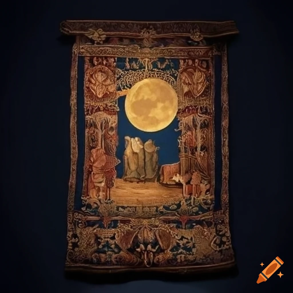 medieval tapestry with a full moon in the night sky