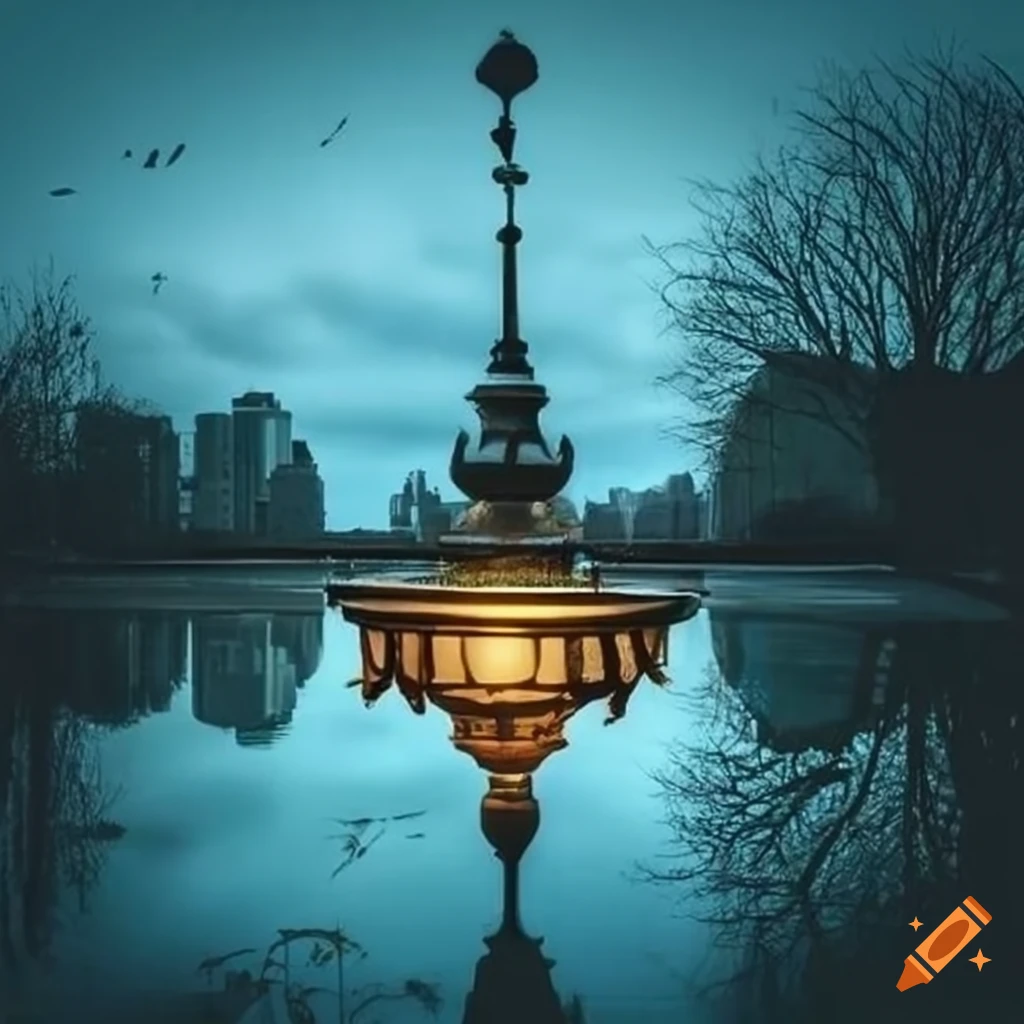 surreal urban park with unique lamps and ornamental fence