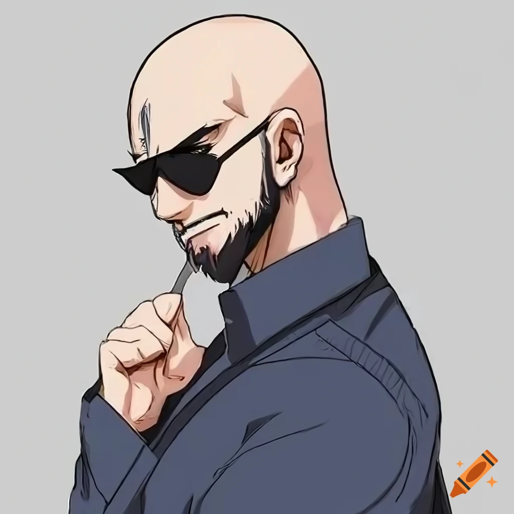 portrait of an anime bearded bald man