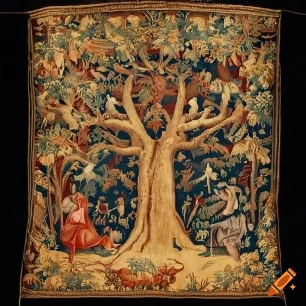 medieval tapestry with tree and woodland creatures