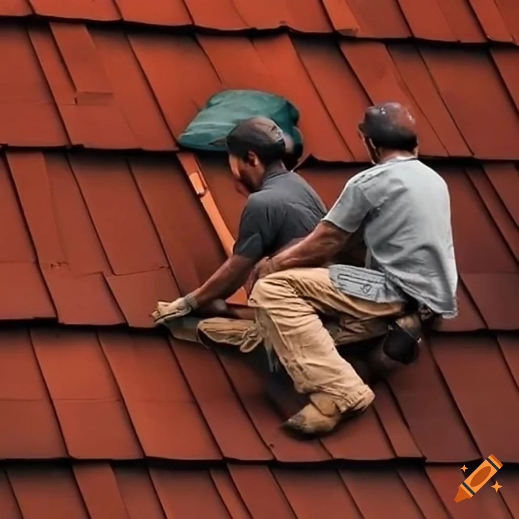 Men working on roof shingles on Craiyon