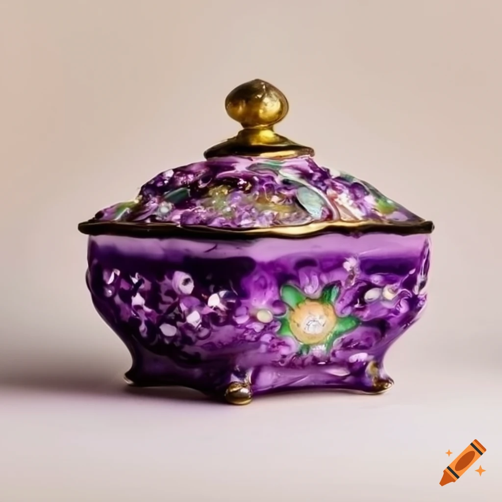 Closeup of a handpainted amethyst candy dish