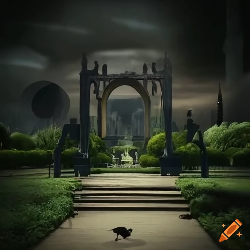 surrealist urban park with gothic architecture elements