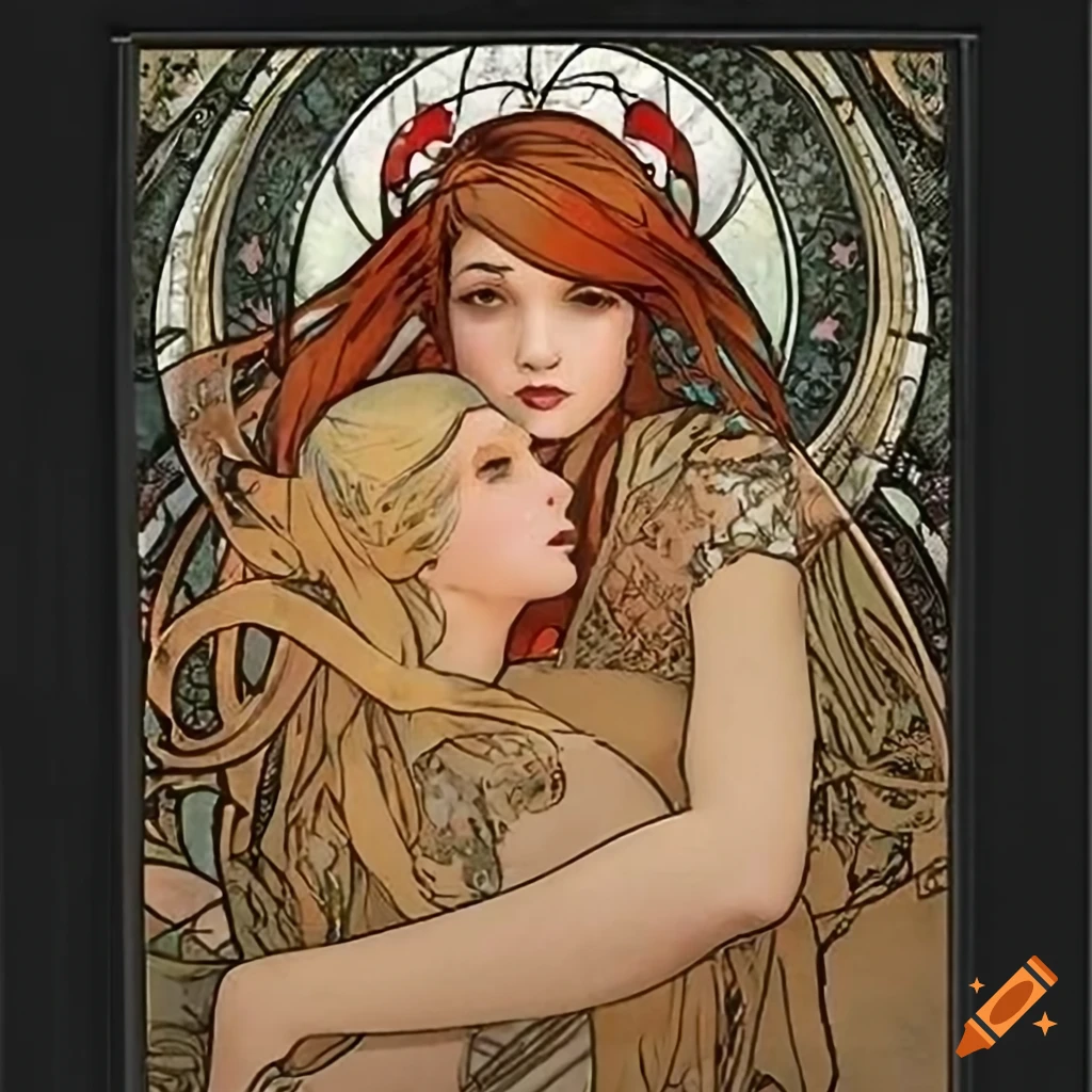 illustration of two angels embracing in a window