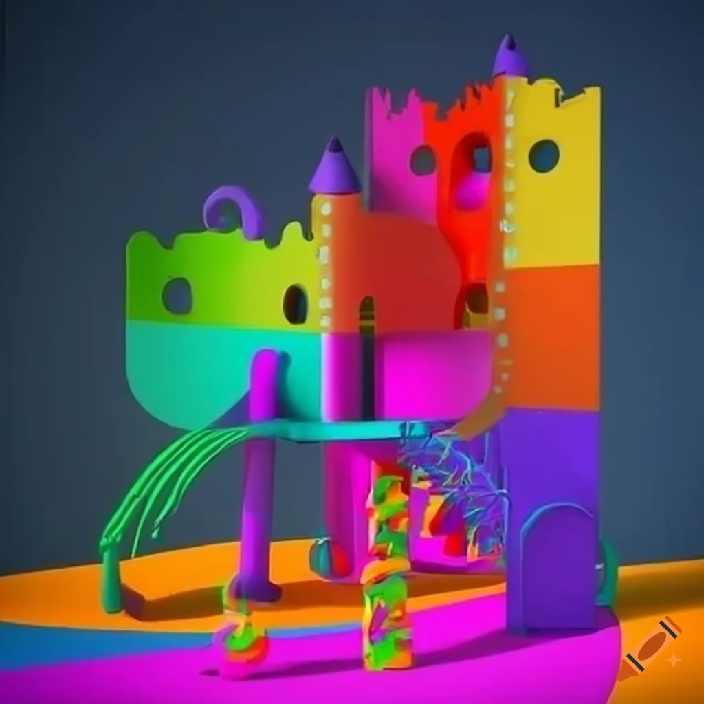 Surrealist playground with colorful structures on Craiyon