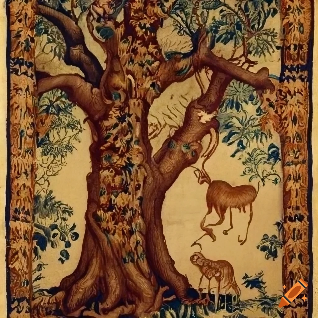 medieval tapestry with tree and woodland creatures
