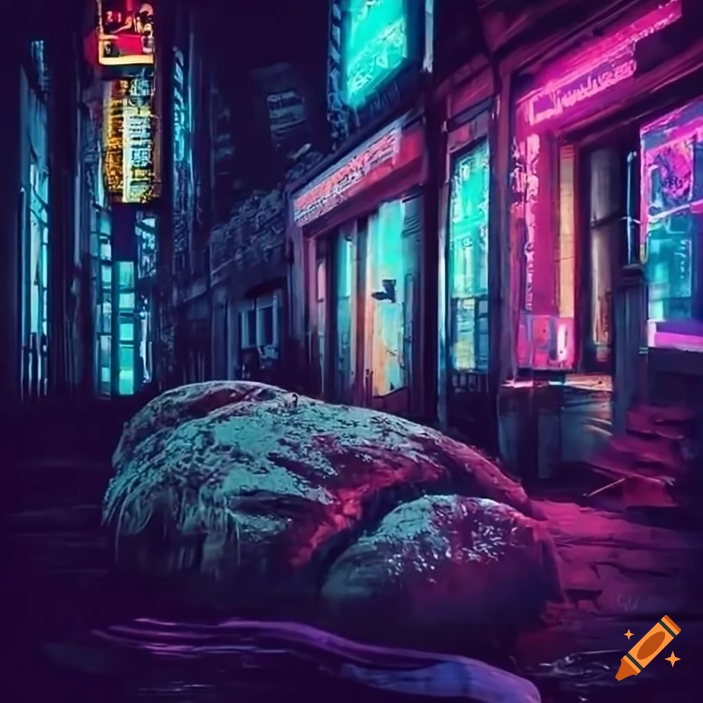 Surreal cyberpunk cityscape with bread on the street on Craiyon
