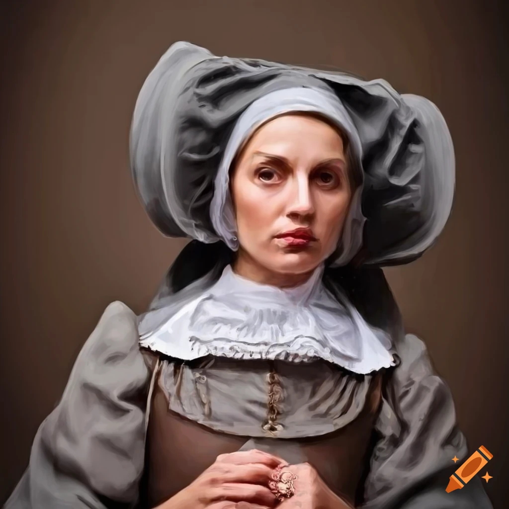 portrait of a Spanish Pilgrim woman with a gray bonnet