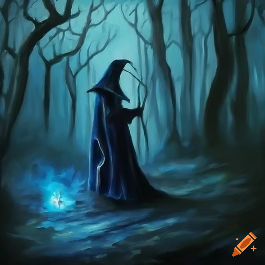 fantasy oil painting of a blue mage in a dark forest