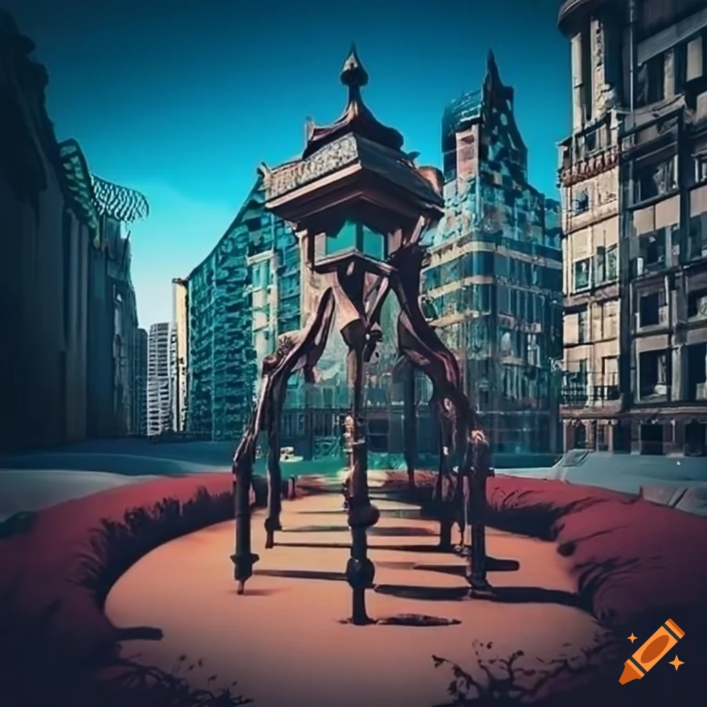surrealistic urban park with gothic and futuristic elements