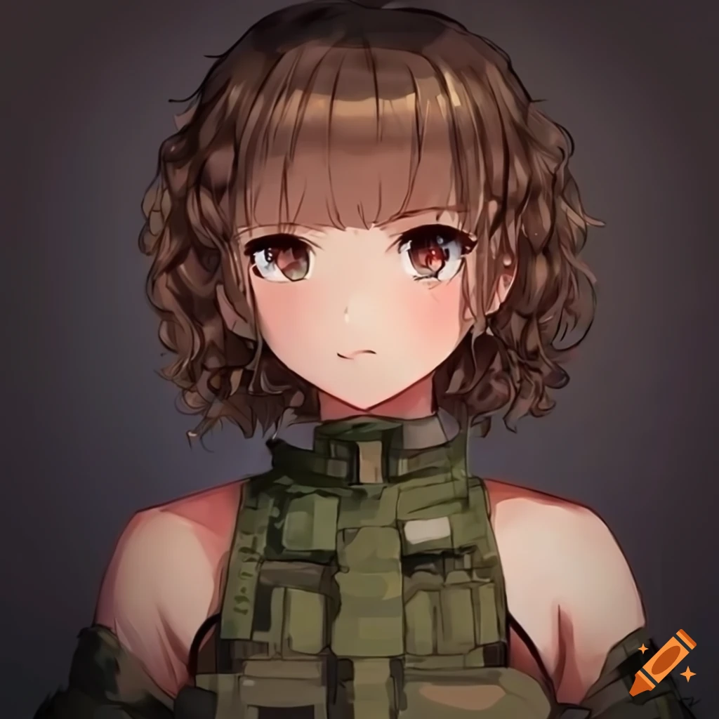 anime military girl with curly hair and brown eyes