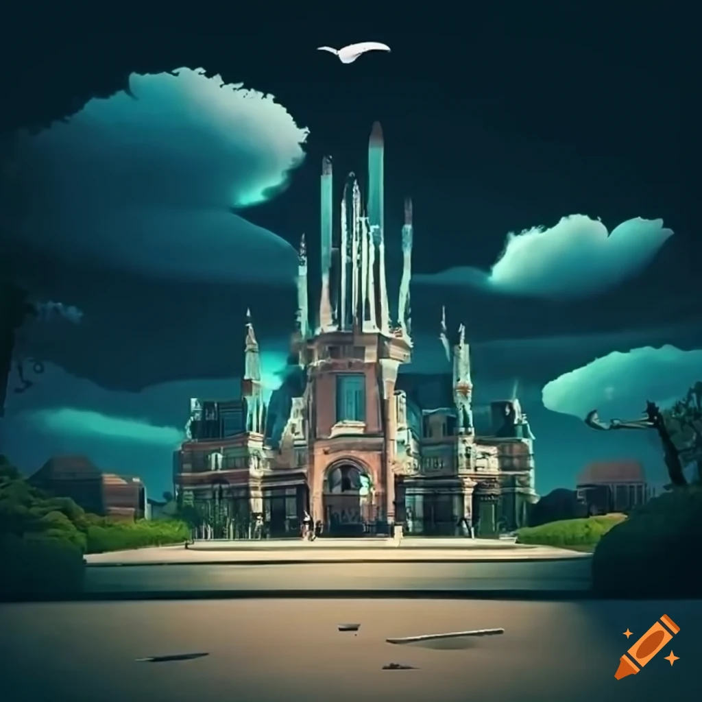 surreal gothic urban park with unusual sculptures and lamps