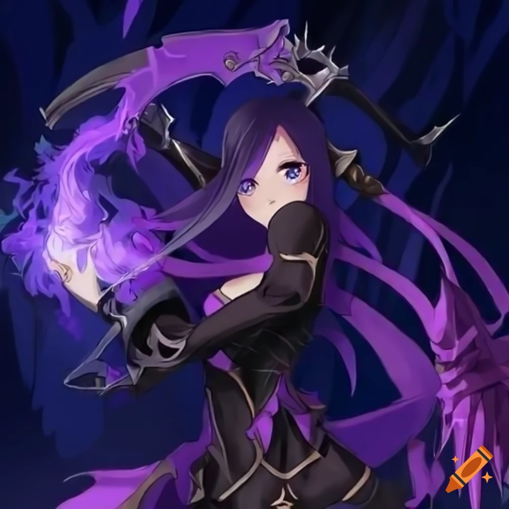 Anime girl with purple hair facing a dragon on Craiyon