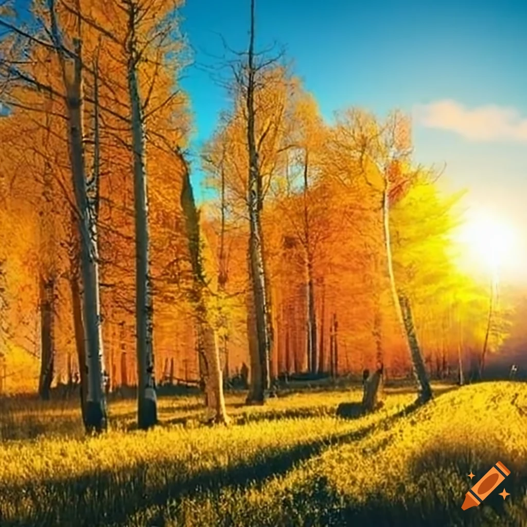 beautiful landscape of a sunny village surrounded by big aspen trees