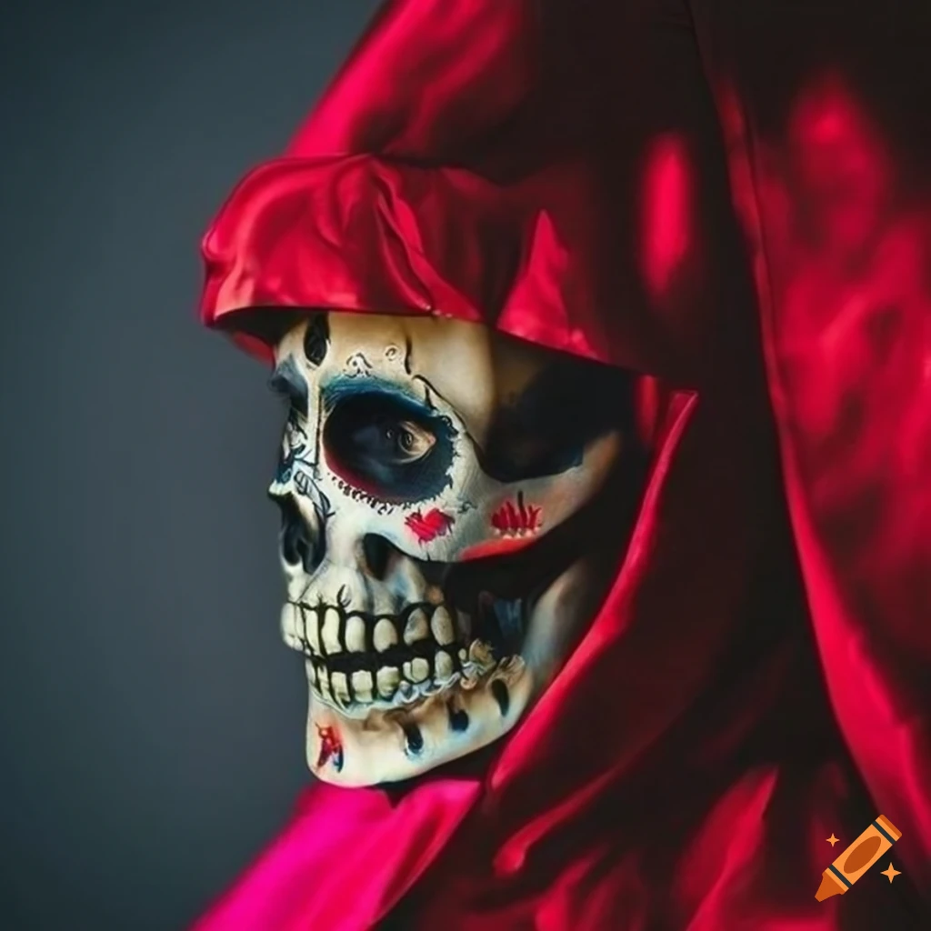 Woman in black cloak and skull facepaint on Craiyon