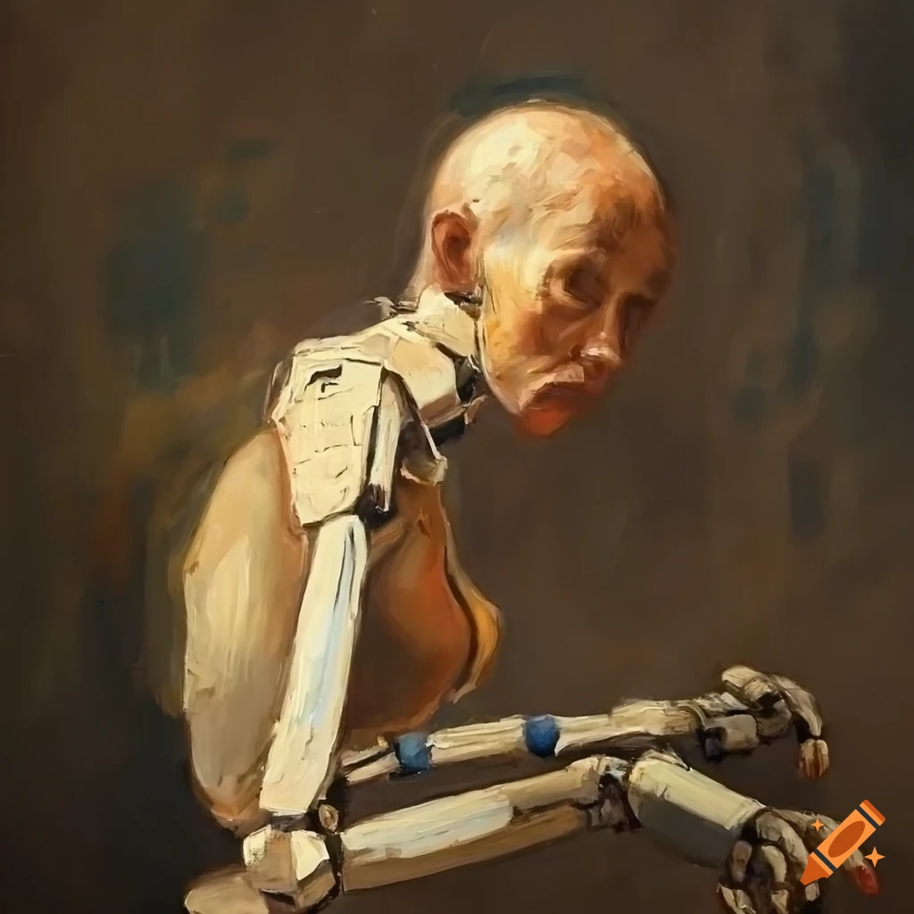 oil painting of a figure with robotic limb