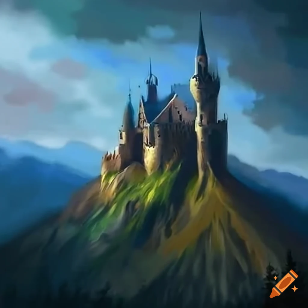 A watercolour painting of a medieval castle on a mountain, castle art 