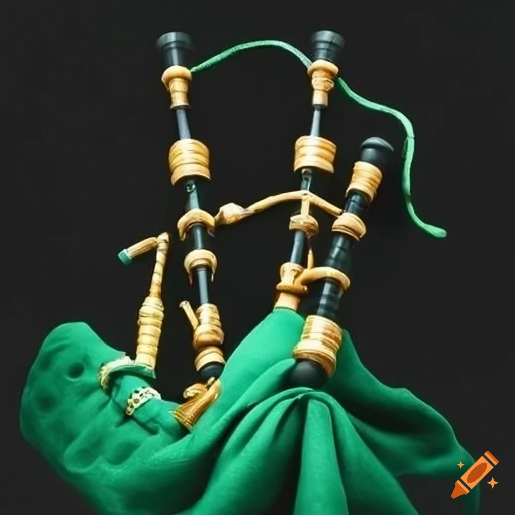 green, black, and gold bagpipe