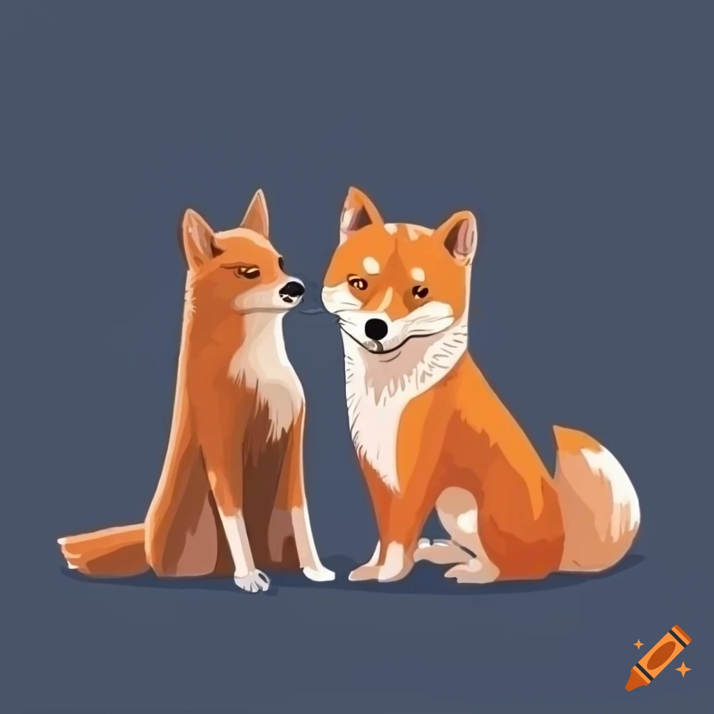 Drawing of shiba inu and fox sitting together