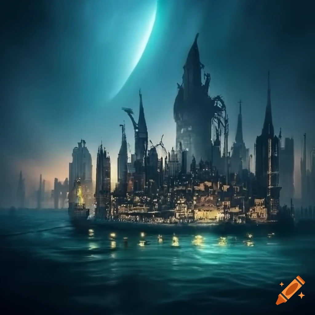 Steampunk city emerging from the dark waters on Craiyon