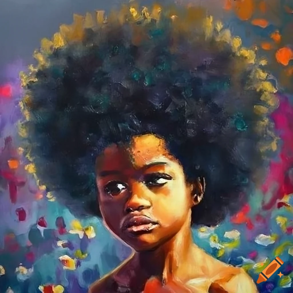 oil painting of a boy with an Afro in a garden