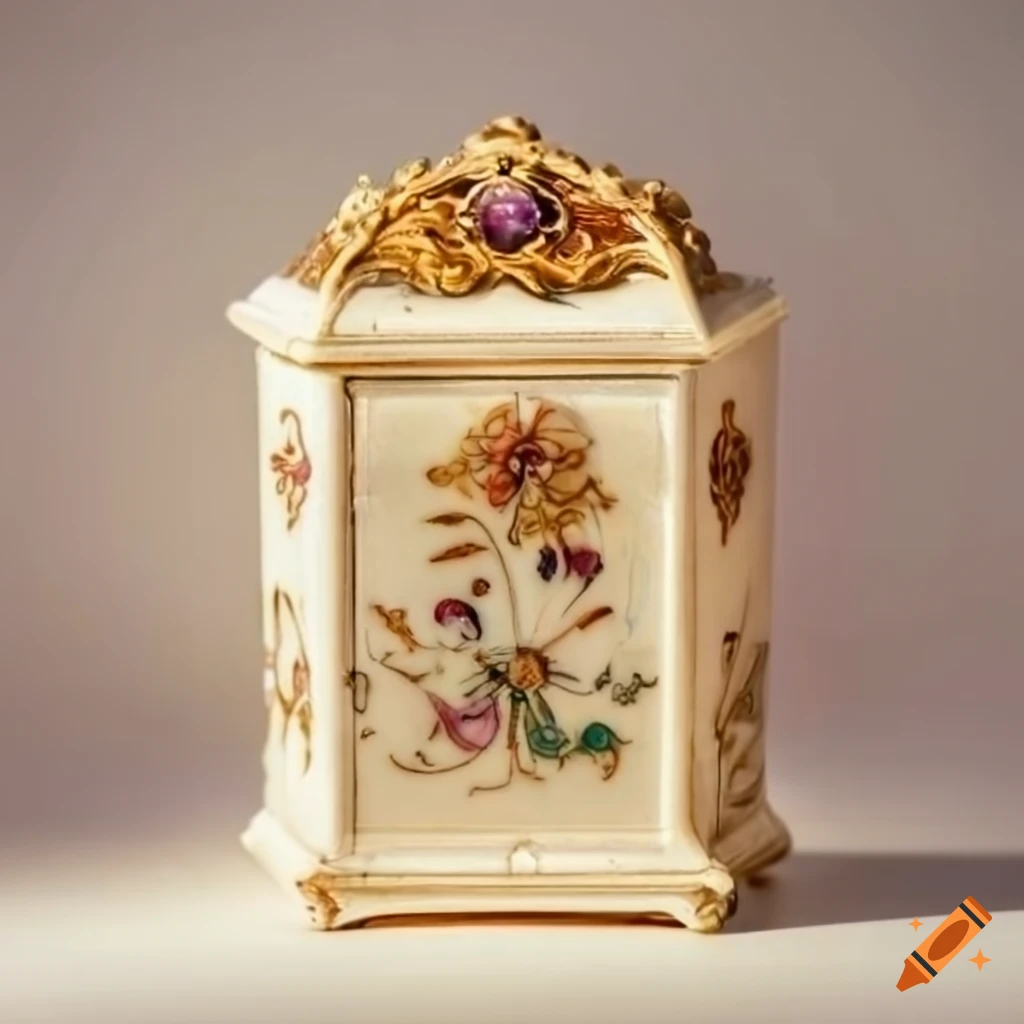 closeup of an intricately painted ivory jewelry box