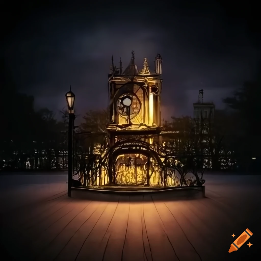 surrealist gothic urban park with lamps and fountain