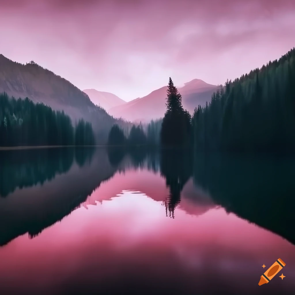 Red Leafed Tree By A Calm Lake With Foggy Mountains In The Background
