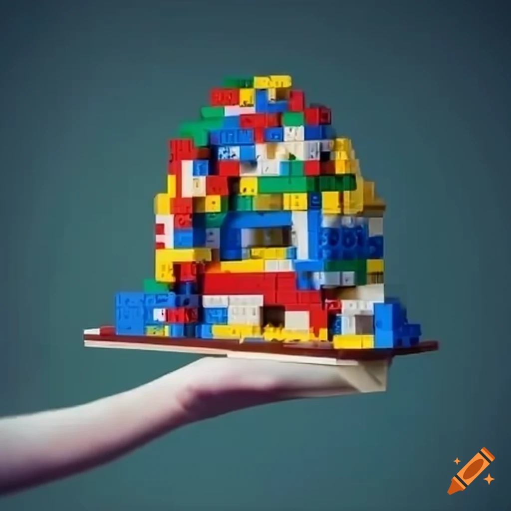 man presenting a tray of Lego bricks