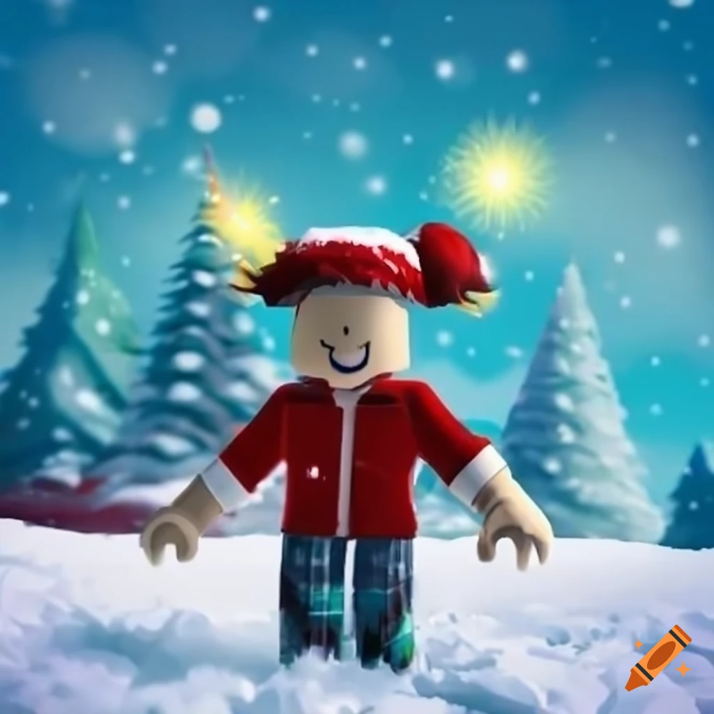 Roblox boy avatar in a snowy christmas scene