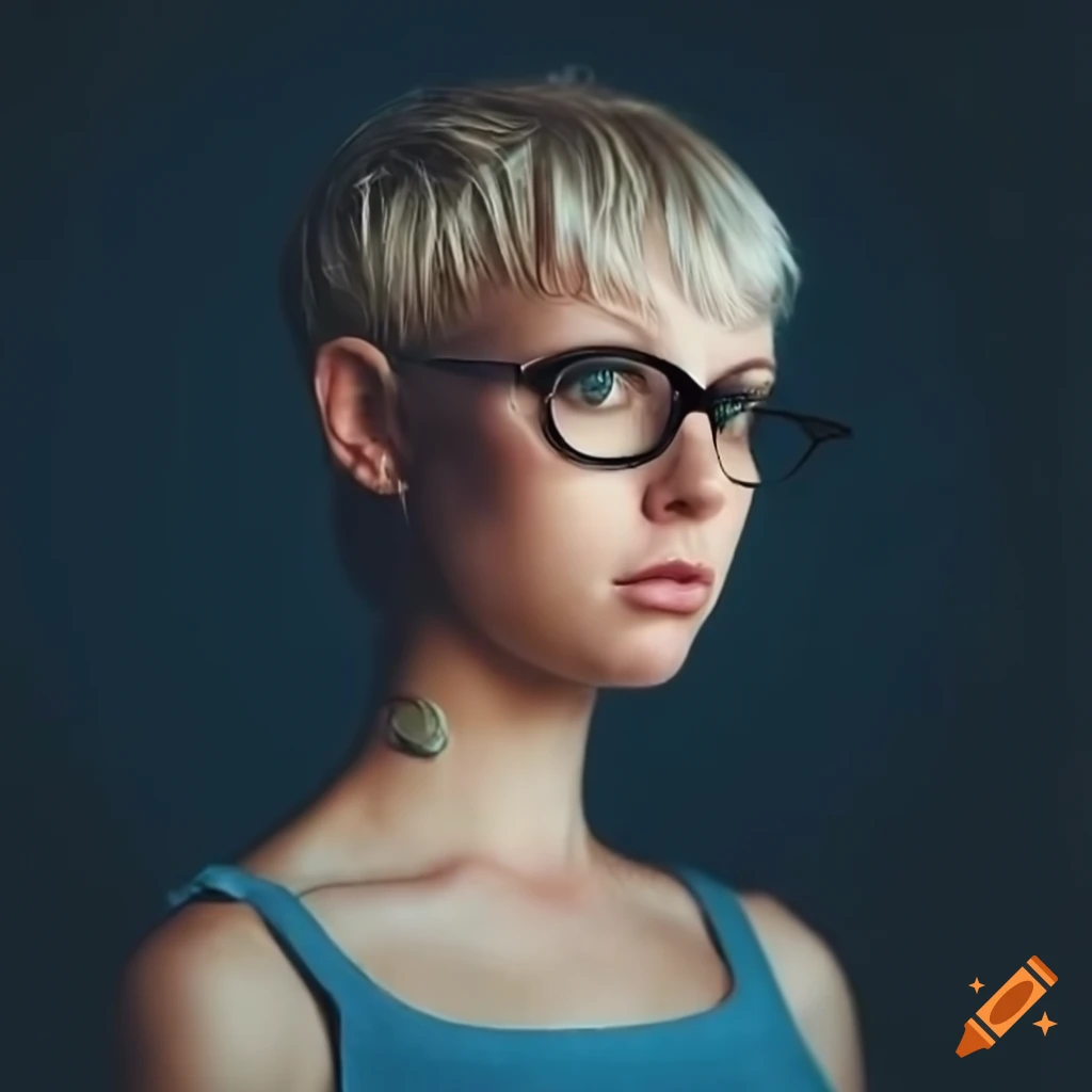 portrait of a stylish Irish girl with green round glasses and blonde pixie haircut