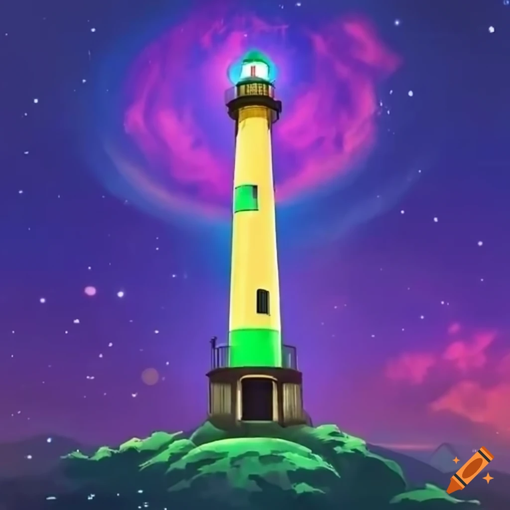Cosmic lighthouse with green light on Craiyon