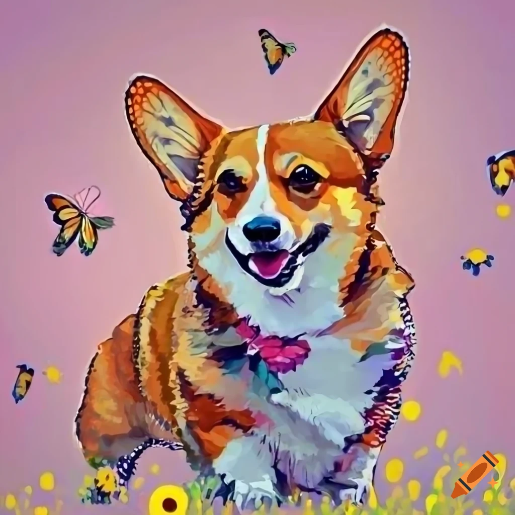 colorful painting of a corgi in a flower-filled meadow