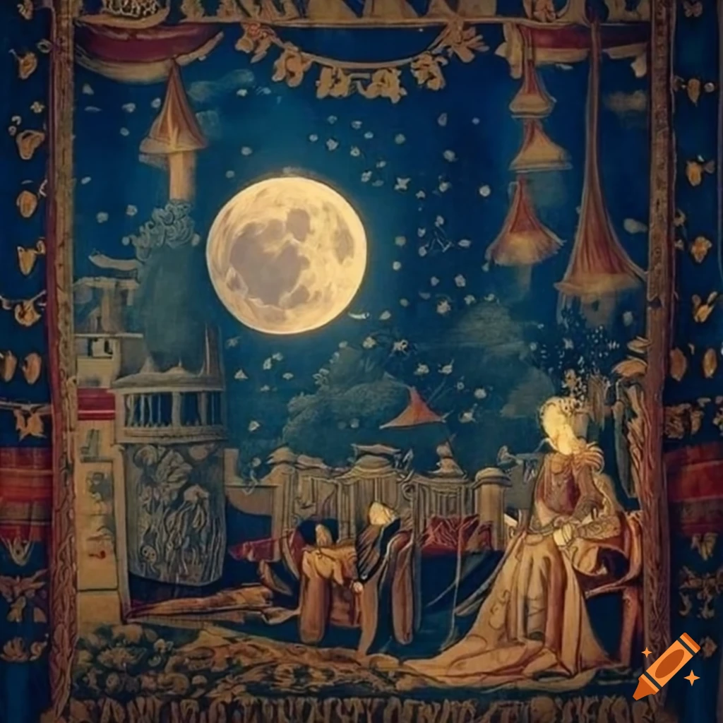medieval tapestry with a full moon in the night sky