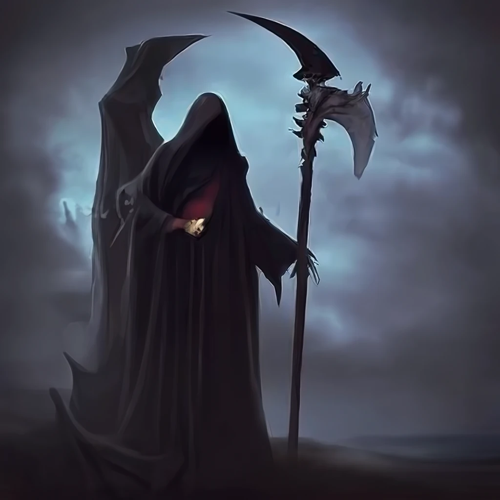 Eerie image of a reaper in a fiery landscape