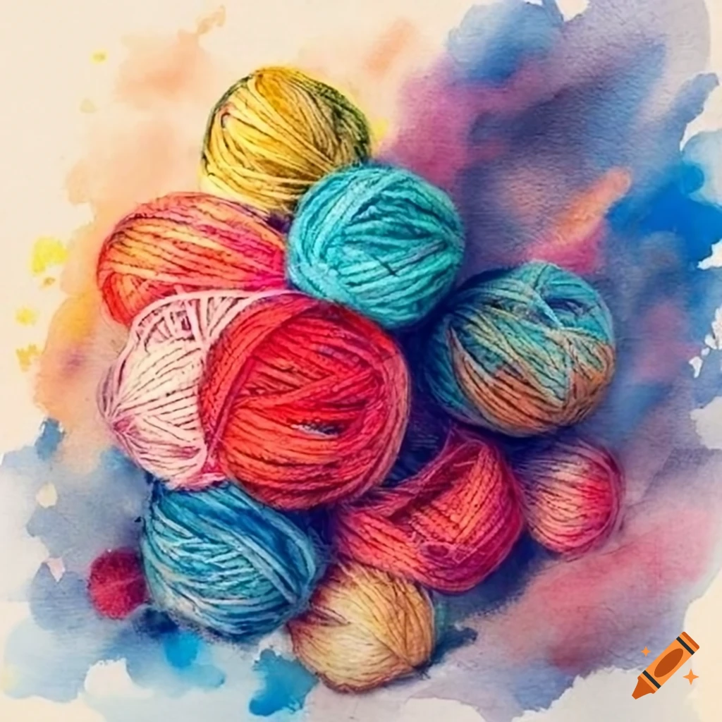 watercolor painting of a pile of yarn balls