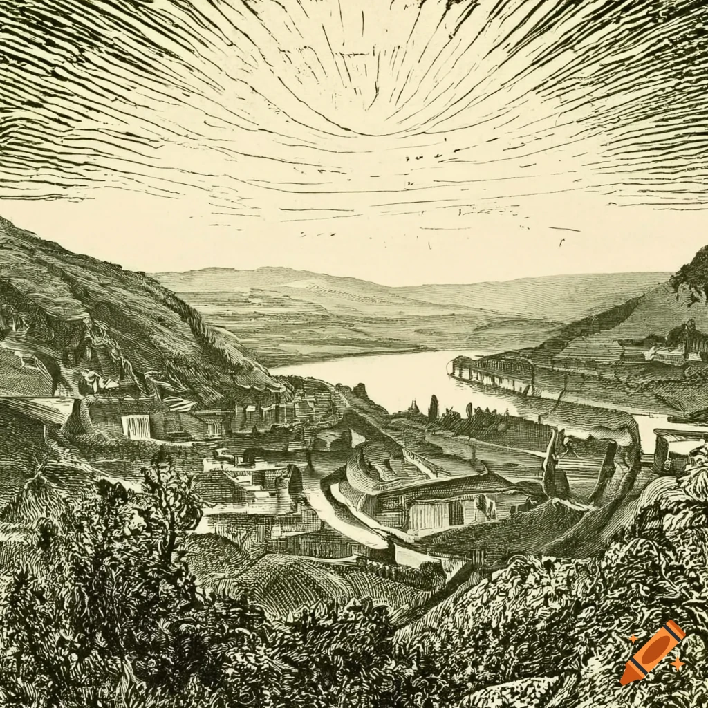 engraving of Moselle landscape with vineyards and castle