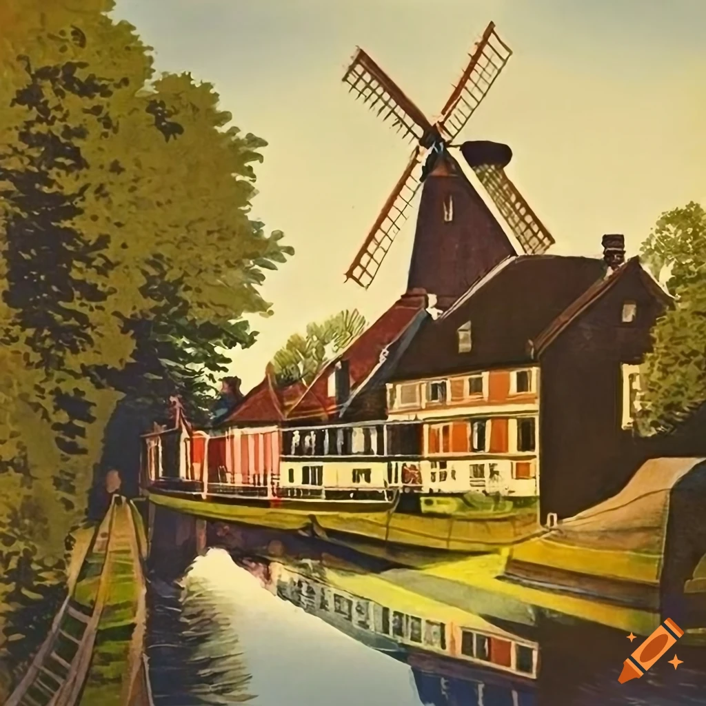 vintage travel poster of Rembrandt's windmill and canal scene