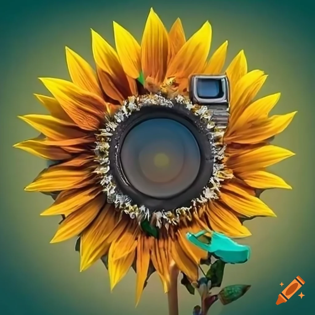 artistic camera made from sunflower petals with a bee on top
