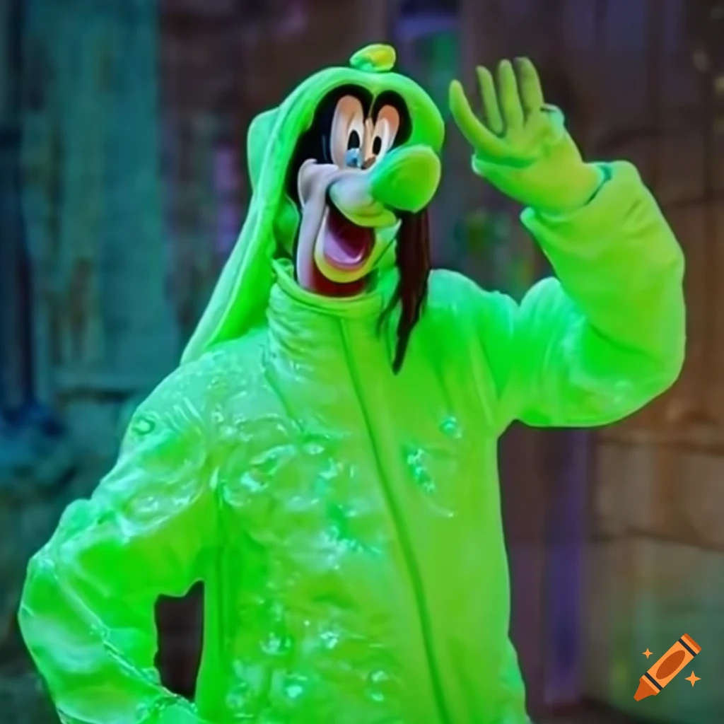 Goofy wearing neon green jacket and covered in glowing slime