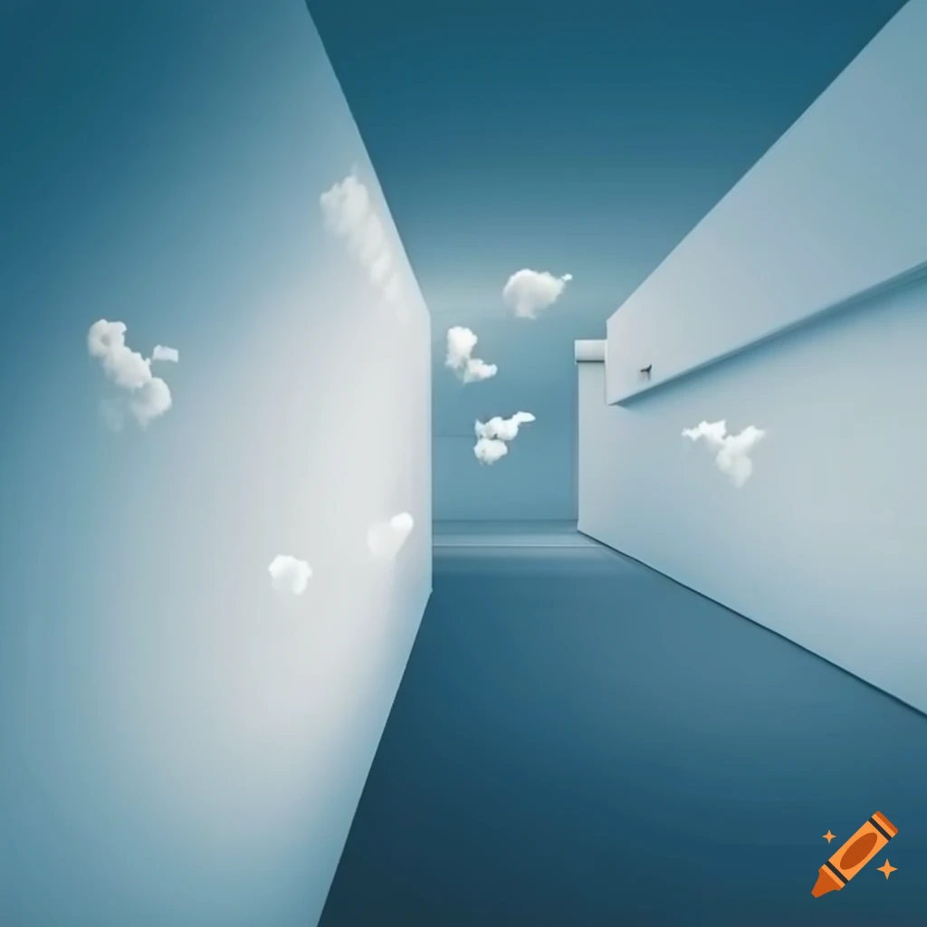 hallway with cloud-themed walls